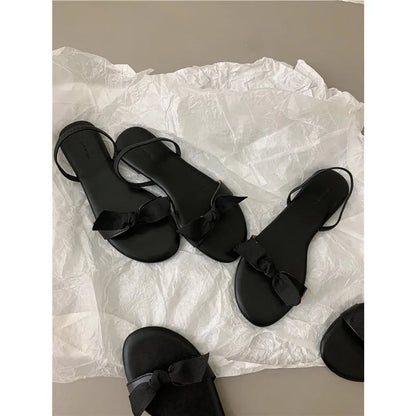 Flat Shoes Female Low Woman's Slippers Slides Butterflyknot Designer Rome Butterflyknot Rubber Retro Scandals Pu H