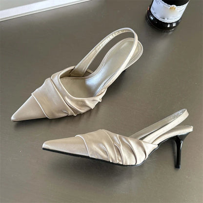 Satin Pleat Pointed Toe Pumps Slingbacks Thin Heels Shoes Banquet Party Female Sandals