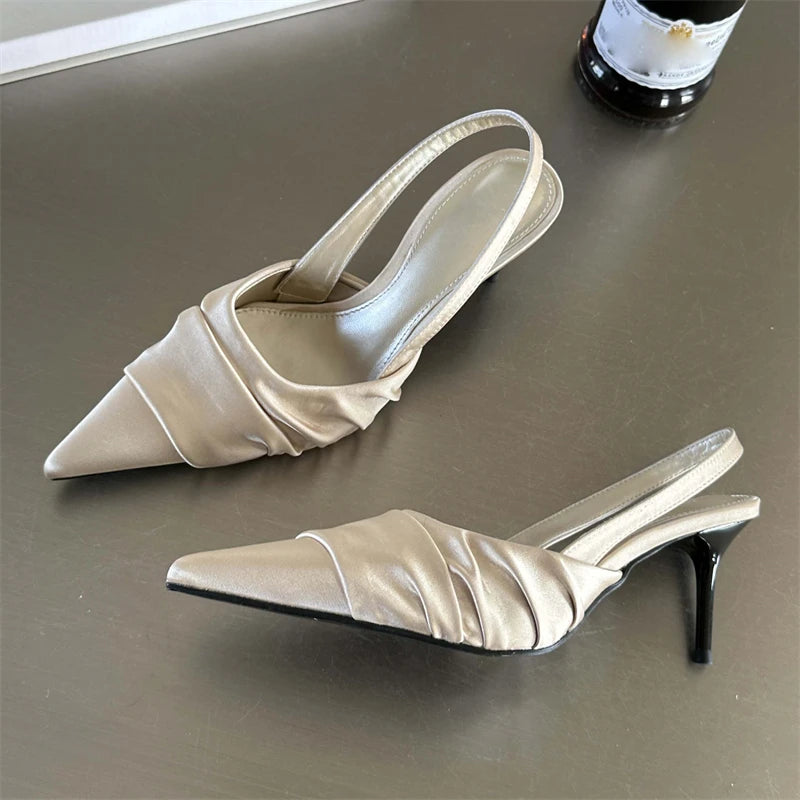 Satin Pleat Pointed Toe Pumps Slingbacks Thin Heels Shoes Banquet Party Female Sandals