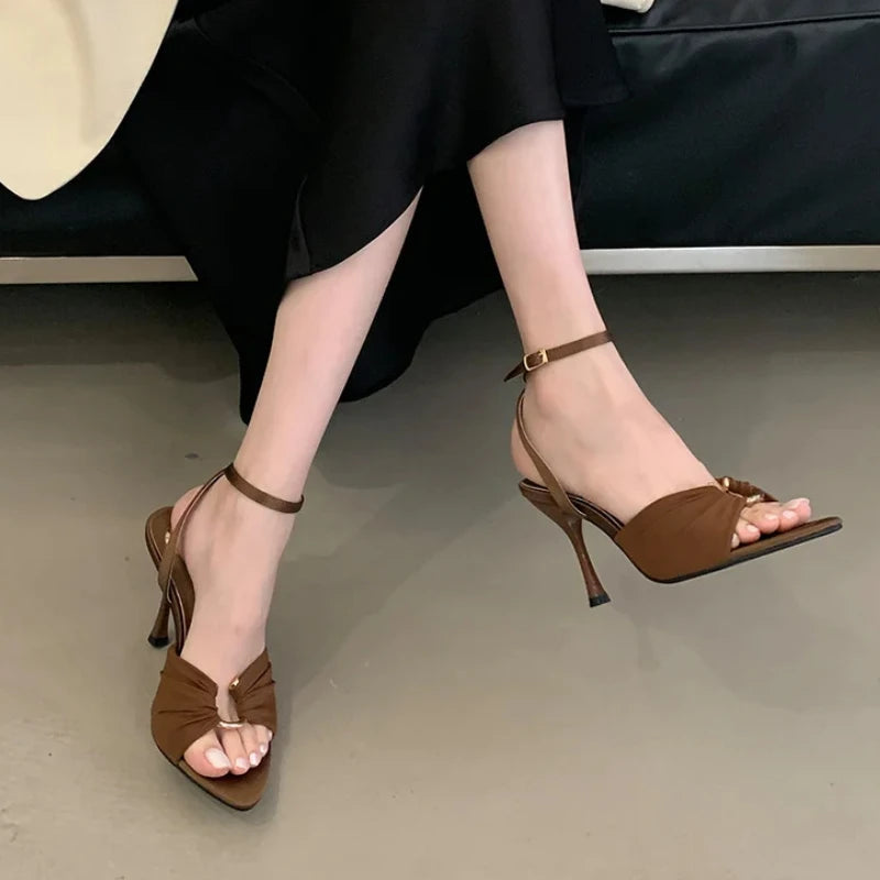 Comfort Hollow Out Metal Buckle Decoration Sandals Satin Ankle Strap Heels Pointed Toe Party Designer Shoes