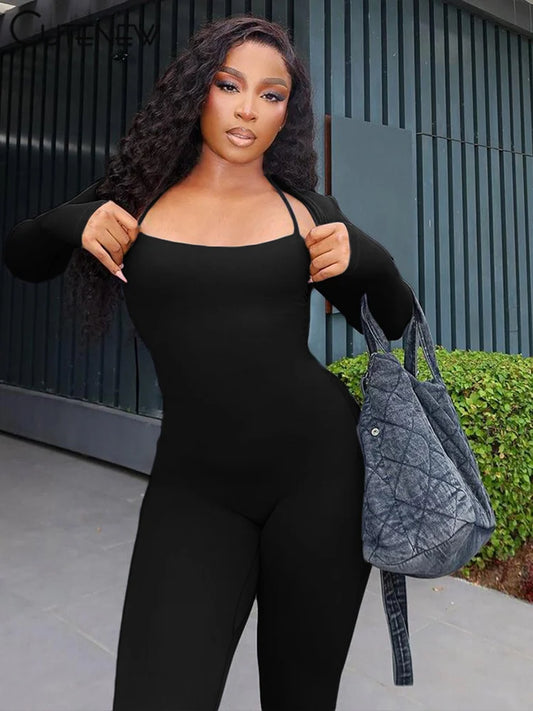 Sporty Jumpsuits 2 Piece Cross Sleeveless Skinny Stretch Overalls+crop Cardigan Tops Female Fall Tracksuits