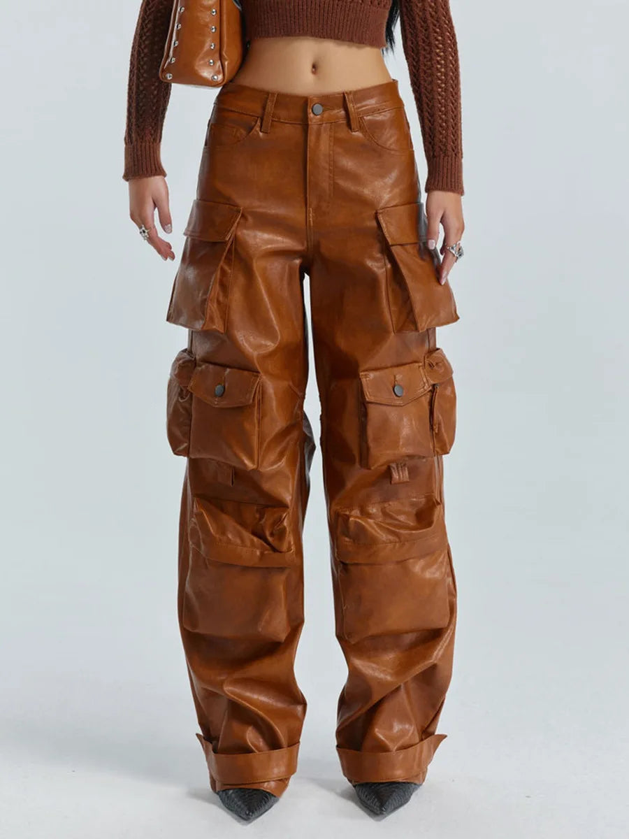 Loose Spliced Pockets Pant for High Waist Patchwoek Zippers Pu Leather Trousers Female Autumn Clothes