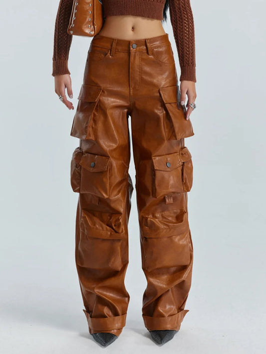 Loose Spliced Pockets Pant for High Waist Patchwoek Zippers Pu Leather Trousers Female Autumn Clothes