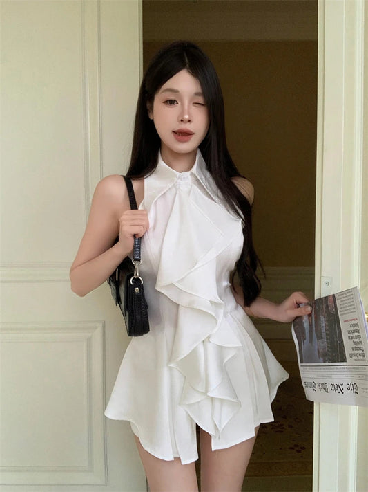 White Ruffle Edge Polo Neck Sleeveless Shirt Top Summer French Style Mid Length Waist Slim Blouses Clothing
