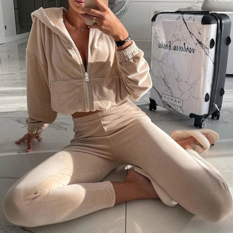 Fall Winter Soft Velvet Outfit Zipper Hooded Sweatshirt Coat+slim Pants Tracksuit Retro Long Sleeve Sports Suit Sets