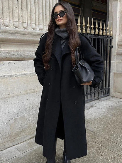 Lapel Long Coats With Belt Lace Up Double Breasted Full Sleeve Overcoat Autumn Winter New Lady
