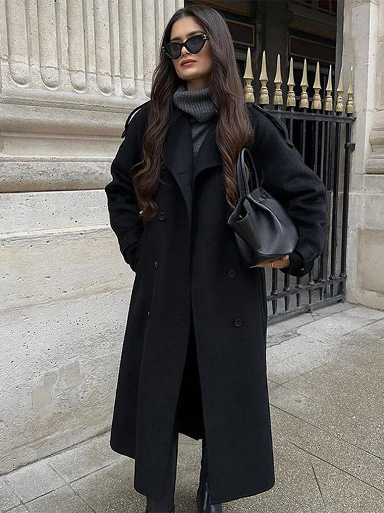 Lapel Long Coats With Belt Lace Up Double Breasted Full Sleeve Overcoat Autumn Winter New Lady