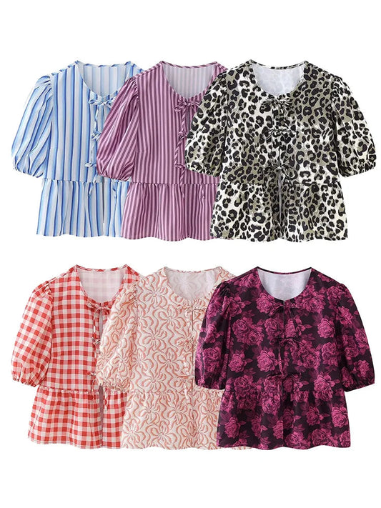 Summer Printed Cropped Shirts Top Puff Short Sleeves Round Neck Blouse Female Laceup Tshrit