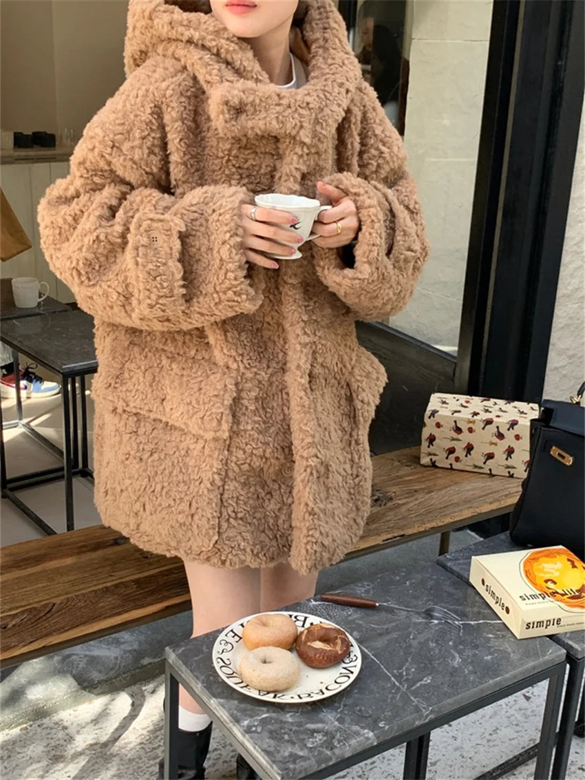 Winter Loose Lamb Wool Coats Gentle Thicken Office Lady All Match Hooded Warm Daily