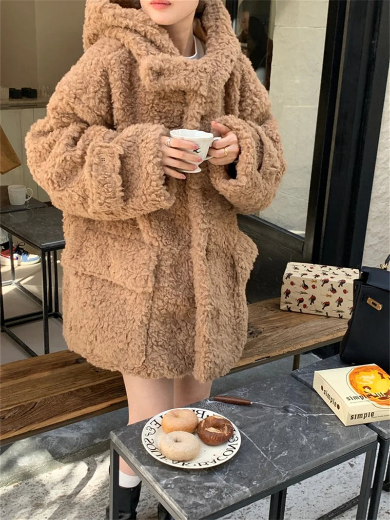 Winter Loose Lamb Wool Coats Gentle Thicken Office Lady All Match Hooded Warm Daily