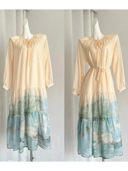 Autumn Oversize Printed Midi Dresses for Long Sleeves Oneck Loose Aline Dress Female New Vestidos Mujer