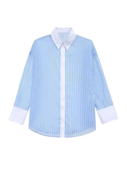 Spring Shirt Woman Blue Striped Lapel Long Sleeve Single Breasted Female Transparent Blouse
