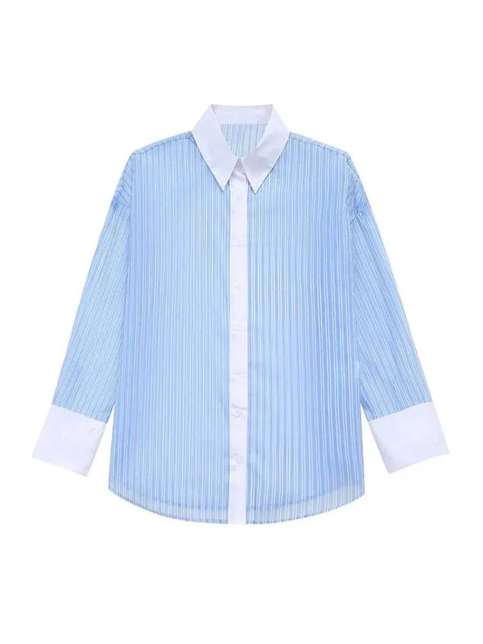 Spring Shirt Woman Blue Striped Lapel Long Sleeve Single Breasted Female Transparent Blouse