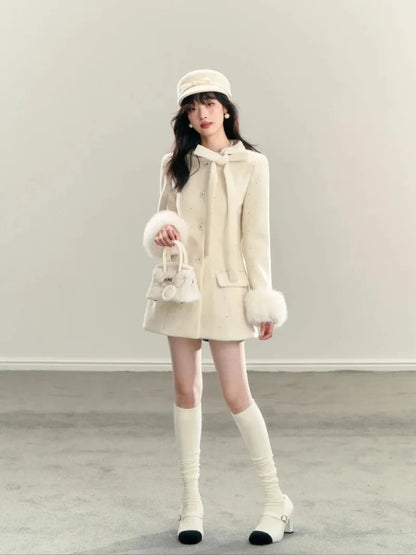 Sweet Hot Girl White Laceup Bow Coat Winter Slim Fit Single Breasted Woolen Coat Female Clothes