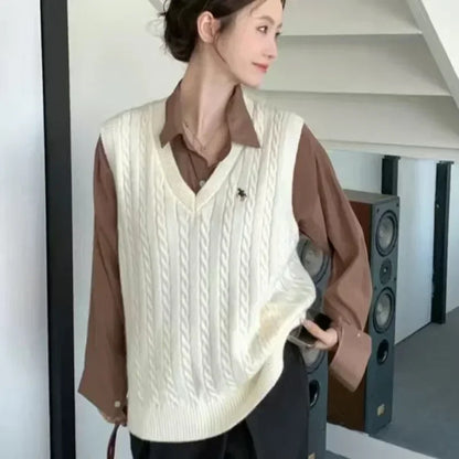 Sweater Cardigan Sleeveless Top Sweater Knitted Vest Commuter Style Clothes Preppy Look Autumn Winter Woolly