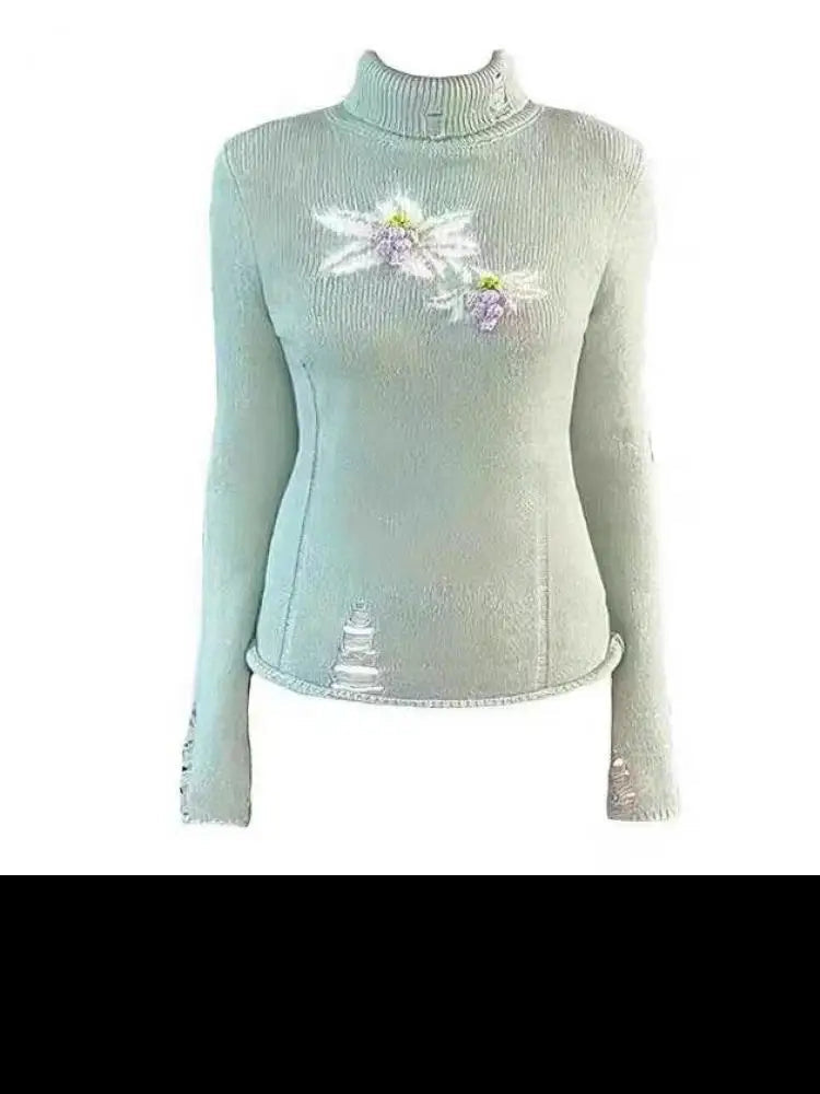 Flowers Print Sweater Clothes Long Sleeve Korean Autumn Tops Turtleneck Knitwear Pullovers Outerwears Y2k