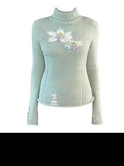Flowers Print Sweater Clothes Long Sleeve Korean Autumn Tops Turtleneck Knitwear Pullovers Outerwears Y2k