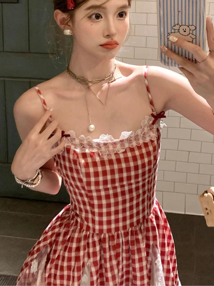 Y2k Red Plaid Mini Dresses for Spaghetti Strap Lace Patchwork A-line Birthday Party Dress Korean One Piece Vestido