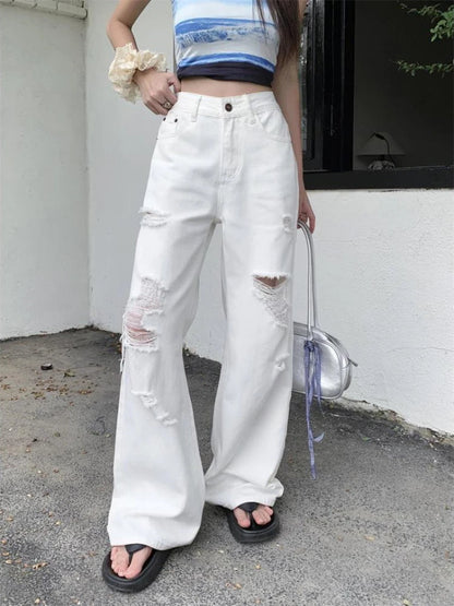 Basic White Ripped Jeans Jeans High Waisted Cowboy Pants Oversized Denim Trousers Y2k Hip Hop Clothes