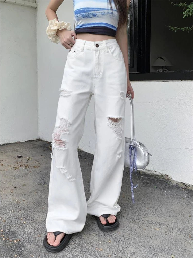 Basic White Ripped Jeans Jeans High Waisted Cowboy Pants Oversized Denim Trousers Y2k Hip Hop Clothes