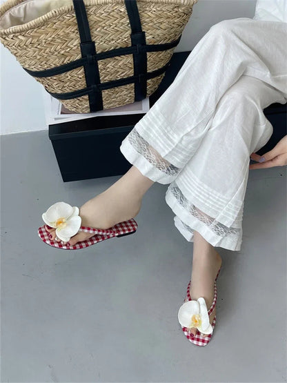 Summer Design Flower Geometric Clip Toe Low Flat Heels Slippers Flip Flops Party Shoes