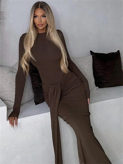 Winter 2 Piece-set Maxi Skirt High Waist Jumpsuit and Pleated Long Skirt Outfits Skinny Outfits