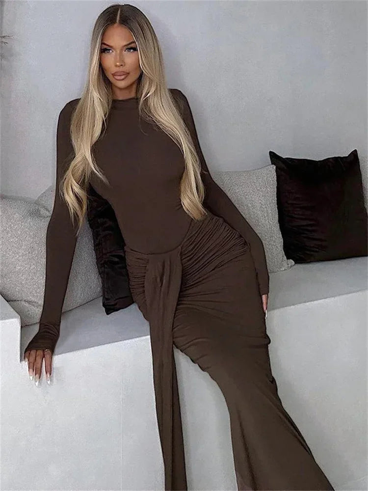 Winter 2 Piece-set Maxi Skirt High Waist Jumpsuit and Pleated Long Skirt Outfits Skinny Outfits
