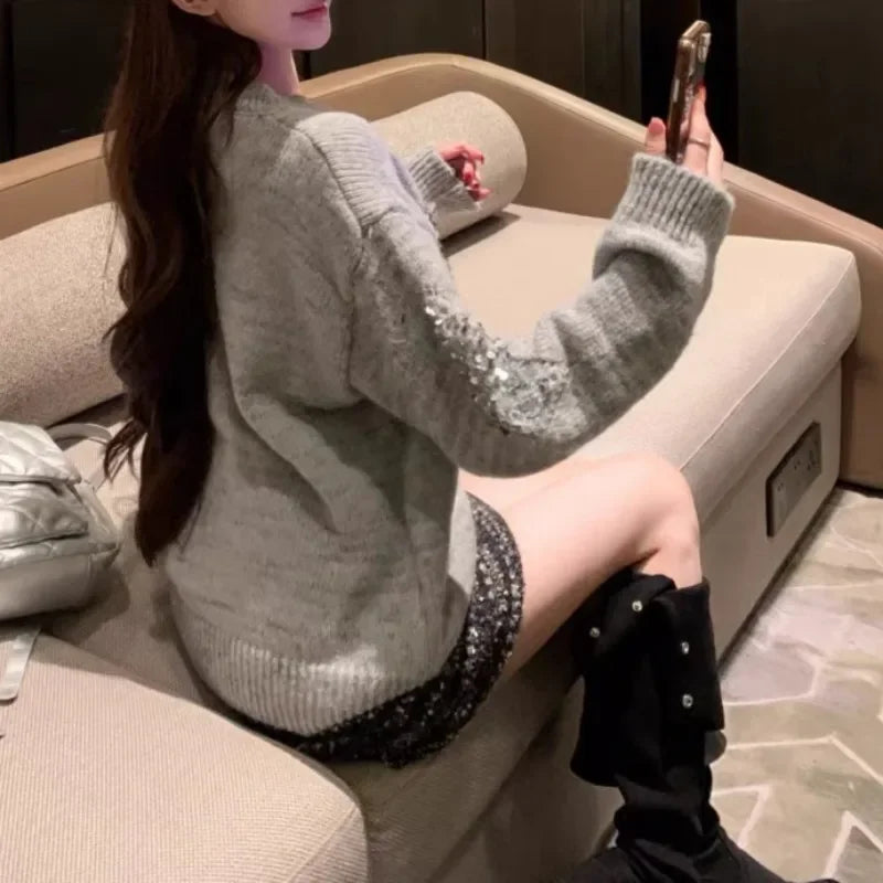 Spring New Oneck Diamond Sequins Cashmere Longsleeved Sweater + High Waist Striped Knit Skirt Twopiece Suit