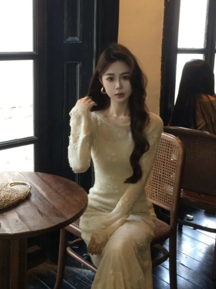 Lace Midi Dress for French Flare Sleeve Slim Aline Long Dresses Autumn Vestidos Female Clothing New
