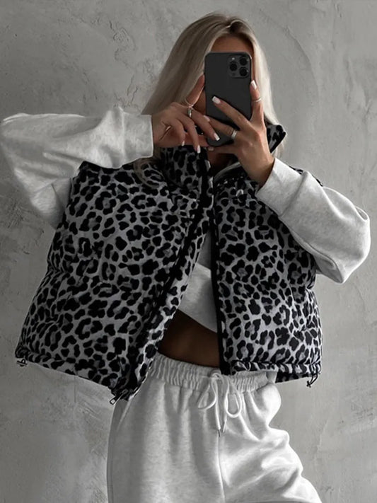 Leopard Zipper Cotton Vests Loose Sleeveless Lapel Short Coats Female Autumn Street Outwear