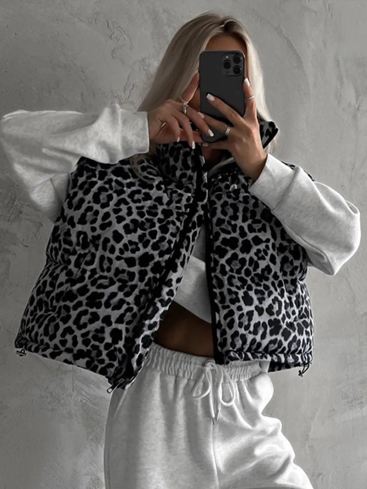 Leopard Zipper Cotton Vests Loose Sleeveless Lapel Short Coats Female Autumn Street Outwear