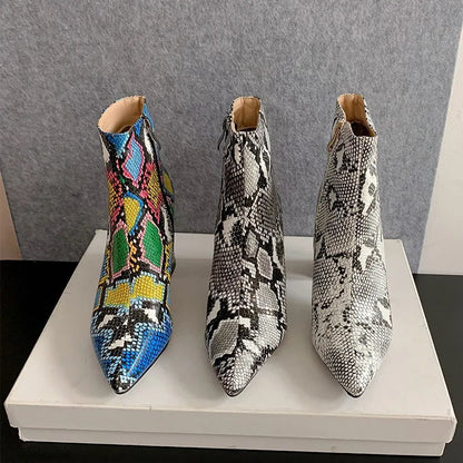 Snake Print Pu Leather Ankle Boots Zip Pointed Toe Footwear Block High Heels Female Boot Winter Party Shoes New 43