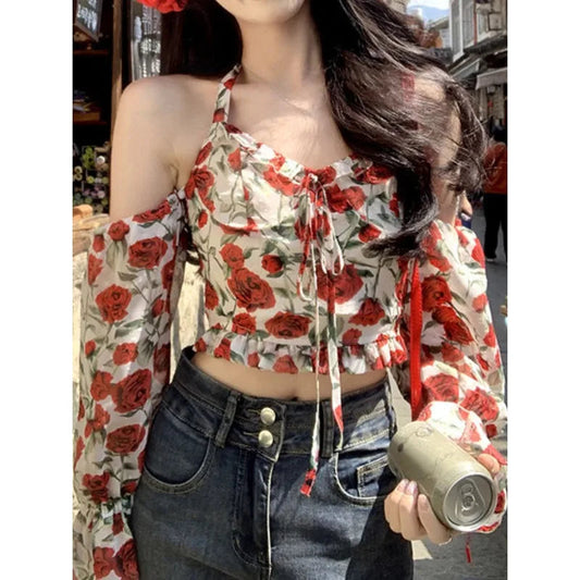 Summer French Vest Office Lady Y2k Crop Top Design Vneck Blouse Outwear Korean