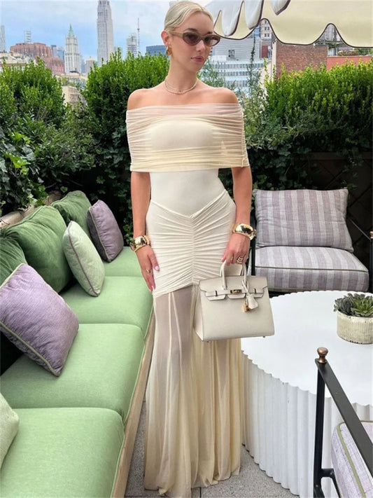 Autumn Mesh 2 Piece-set Long Dress Off-shoulder Pleated Bandeau Dress See-through Female Maxi Dress Outfits