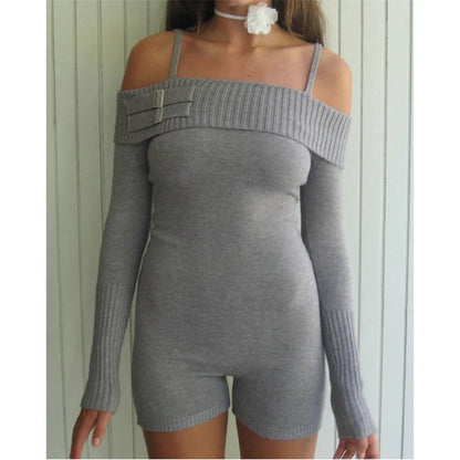 Summer New Offshoulder Jumpsuit for Long Sleeve Y2k Slim Playsuit Knitwear High Waist Short Sets Rompers