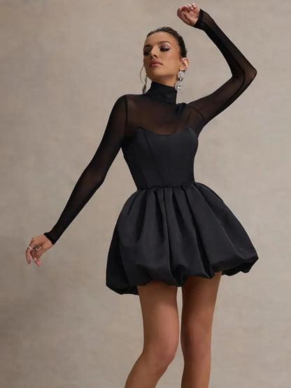 Turtleneck Sheer Long Sleeve Mini Dress for Black See Through High Waist A-line Club Party Dress
