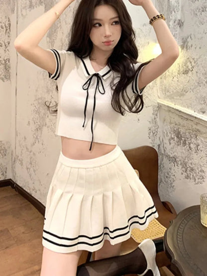 Korean Knitted Two-piece Set Short Sleeve Patchwork Cropped Top Pleated Mini Skirt Preppy Style Outfits New