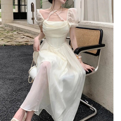 Summer Halter Midi Dress Female Chiffon Square Neck Party One Pieces Dresses French New Vestidos Robe