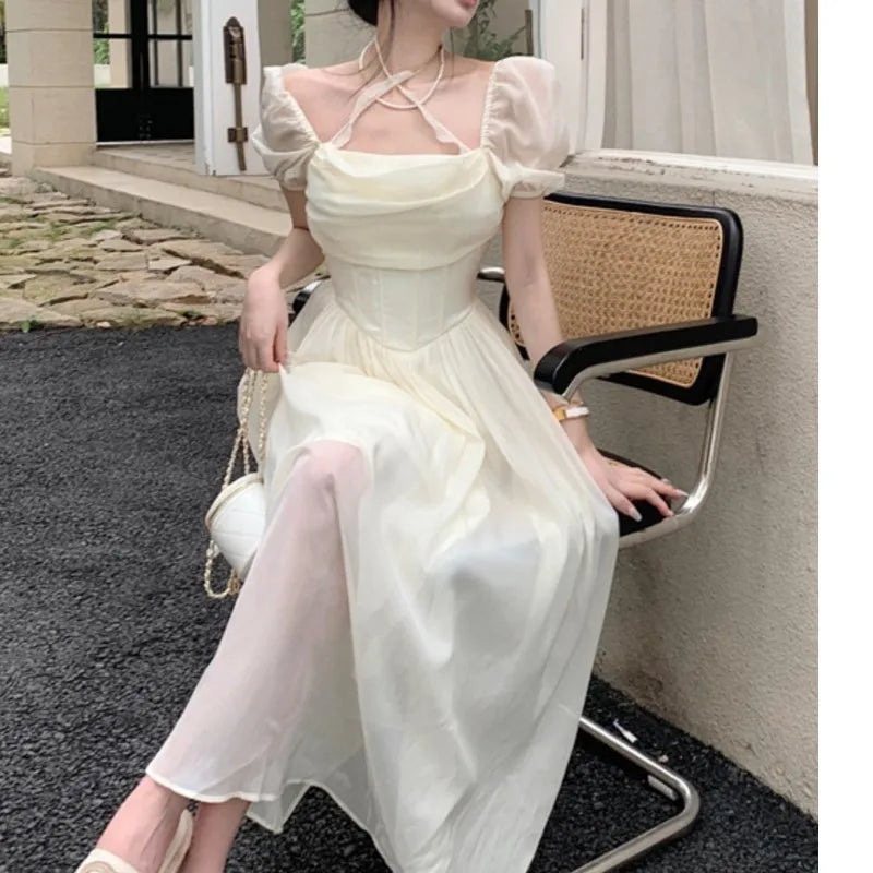Summer Halter Midi Dress Female Chiffon Square Neck Party One Pieces Dresses French New Vestidos Robe