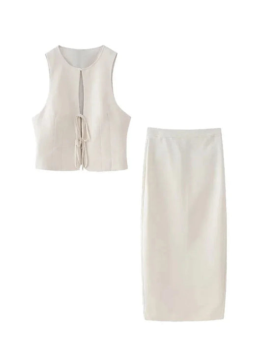 Summer Suit Woman Sleeveless Tank Top Causal Laceup Cropped Vest Female High Waist Slit Pencil Long Skirts