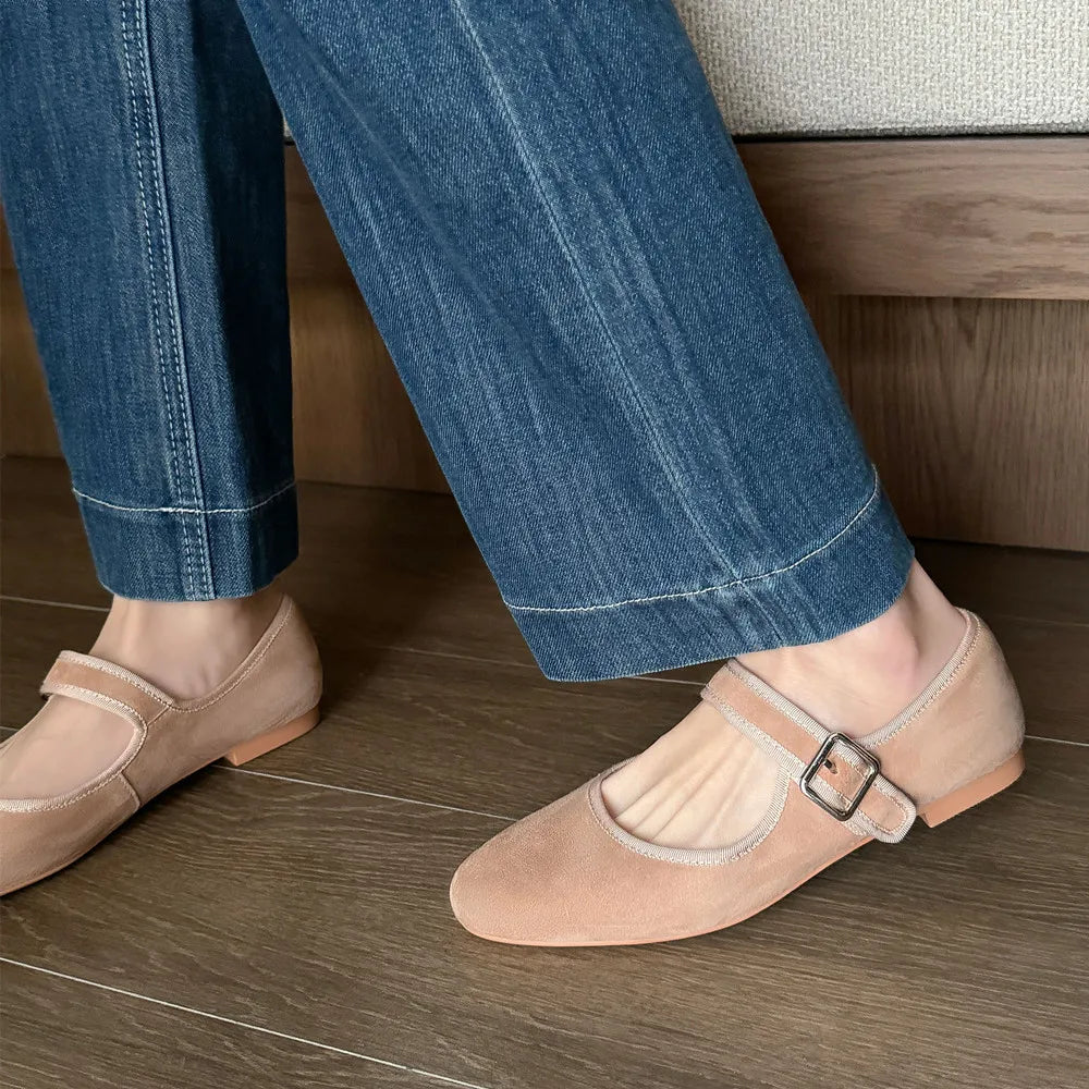 Flats Spring Summer Round Toe Genuine Leather Buckle Strap Mary Janes Office Lady Working Shoes Woman Concise