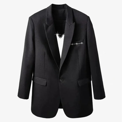 Black Blazers for Patchwork Diamond Heart Pattern Notched Long Sleeve Coats Female Autumn Clothes