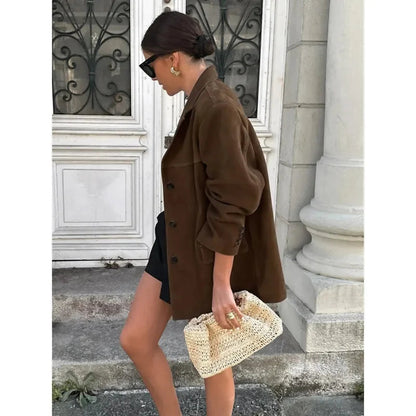 Lapel Pocket Suede Leather Jacket Loose Single Button Oversize Brown Coats Female Street Clothes