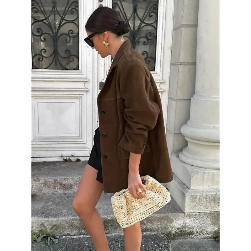 Lapel Pocket Suede Leather Jacket Loose Single Button Oversize Brown Coats Female Street Clothes