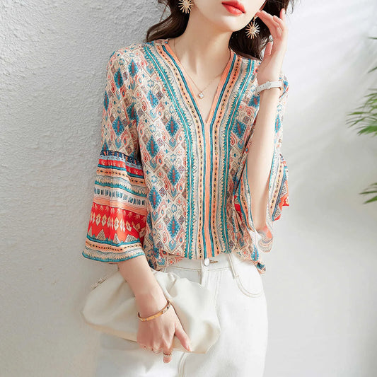 Woman Summer Style Chiffon Blouses Tops Lady Hafl Flare Sleeve V-neck Printed Blusas Tops Zz1326