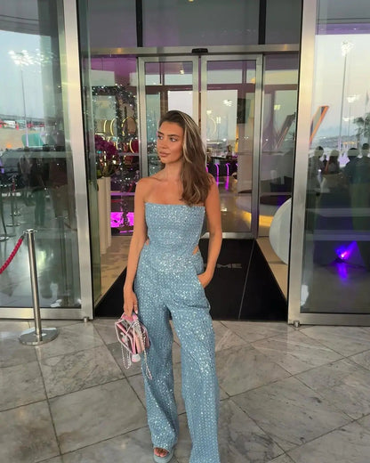 Sequins Denim Set Strapless Tunic Waist Crop Top and Wide Leg Pant Suit New 2 Piece Sets Outfits Tracksuit