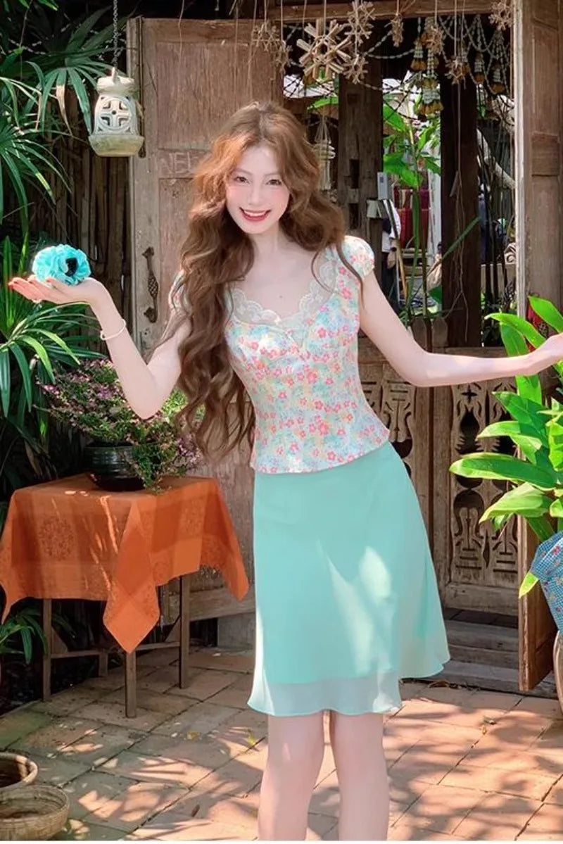Suit Summer Lace Shortsleeved Tshirt High Waist Kneelength Skirt Twopiece Set Female Clothes