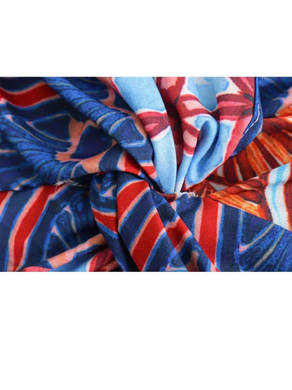 2 Piece Set Vneck Wide Long Sleeves Printed Crop Top Female Elastic High Waist Loose Pants