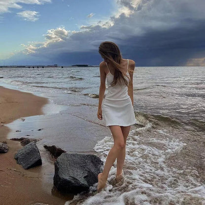 Basic Dress for White Spaghetti Strap Sleeveless a Line Mini Dresses Y2k Clothes 2000s Aesthetic Dress Beach Wear
