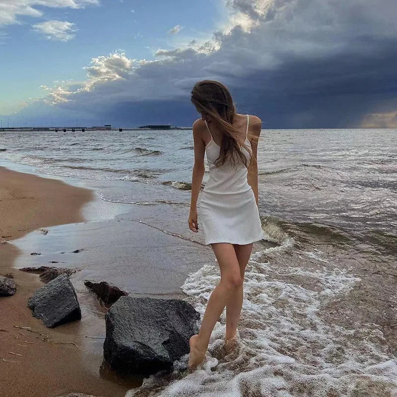 Basic Dress for White Spaghetti Strap Sleeveless a Line Mini Dresses Y2k Clothes 2000s Aesthetic Dress Beach Wear